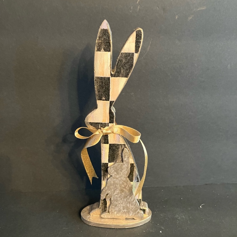 Checkerboard Wooden Bunny Figurine with Mackenzie-Childs Appliquéd Napkin